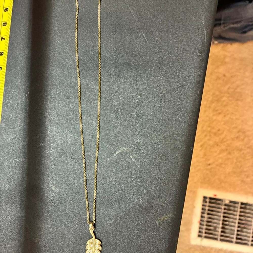 Gold Tone Leaf Pendant Necklace with Rhinestone Accents